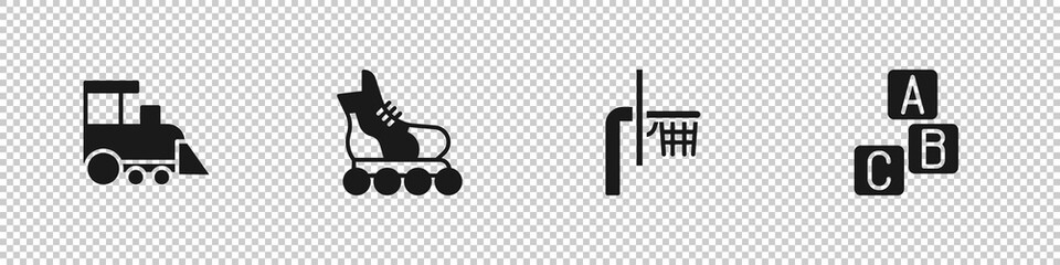 Set Toy train, Roller skate, Basketball backboard and ABC blocks icon. Vector.