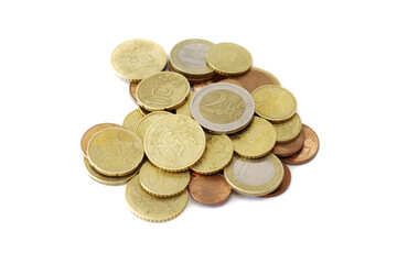 Scattered Coins Isolated on a White Background