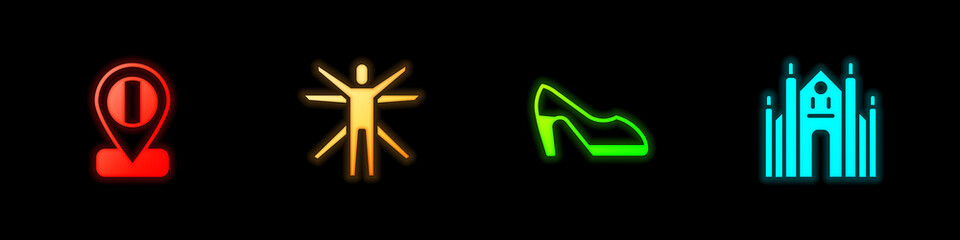 Set Location flag Italy, Vitruvian Man, Woman shoe and Milan Cathedral icon. Vector.
