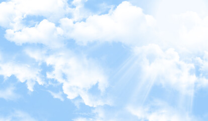 Naklejka na ściany i meble Blue sky background with fluffy white clouds and sun beams.