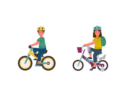 A set of illustrations of children on a bicycle. A girl and a boy on two-wheeled bicycles. Bike ride painted on a white background with children in helmets. Vector illustration