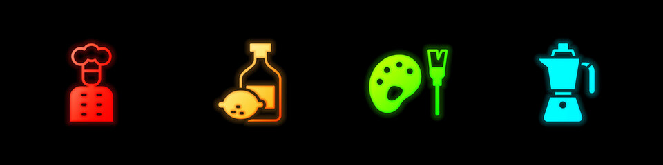 Set Italian cook, Limoncello bottle, Paint brush with palette and Coffee moca pot icon. Vector.
