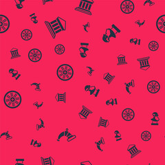 Set Hunting horn, Parthenon, Old wooden wheel and Ancient bust sculpture on seamless pattern. Vector.