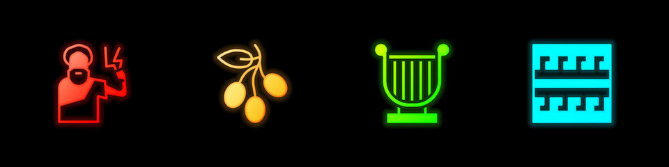 Set Zeus, Olives branch, Ancient lyre and Greek pattern icon. Vector.