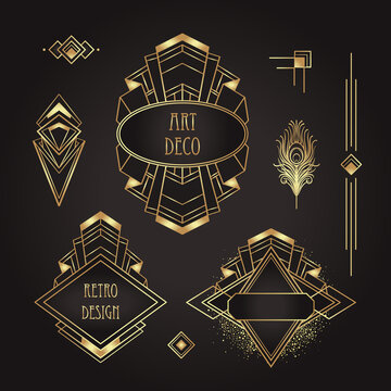 Art Deco vintage gold patterns over black, frames and design elements. Retro party geometric background set 1920s style. Vector illustration for glamour party, thematic wedding or textile prints.