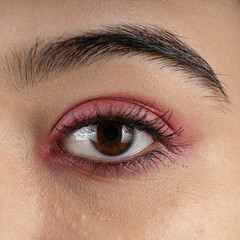 Fototapeta na wymiar Macro shot of woman eye makeup with red eyeshadow. Close-up of woman eyelashes. Square shot.