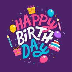 Hand drawn happy birthday lettering with balloons, confetti, cake and candles on purple background.