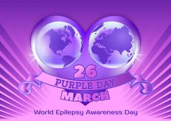 26 March. Purple day. World Epilepsy Awareness Day. Violet heart, planet earth with continents and ribbon