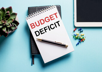 On a light blue background, there is a potted plant, a tablet and a weekly with the text BUDGET DEFICIT