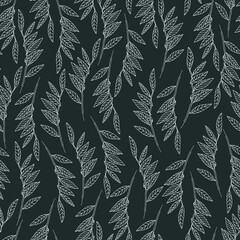 Seamless pattern with willow tree branches and leaves on black background for surface design and other design projects. Monochrome realistic line art © Blooming Sally