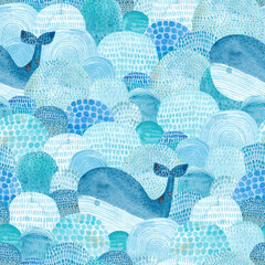 Seamless pattern with waves and whale. Childish texture for fabric, textile in blue colors. Hand drawn background. Watercolor seamless pattern. © bukhavets