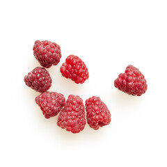 Top view isolated raspberries on white background