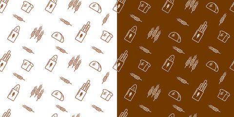 Vector set of design templates for packaging bakery products in a fashionable linear style. Seamless patterns with linear icons: bread, loaves, rye. Templates for creating logos.