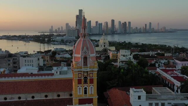 Orbit of Santa Catalina de Alejandr&iacute;a Cathedral in old city and Bocagrande of Cartagena de Indias, Colombia at the sunrise