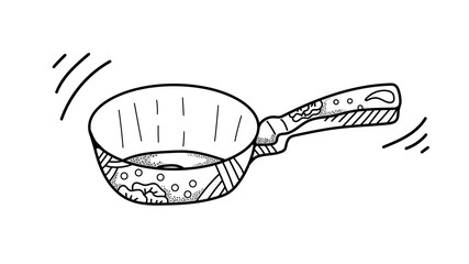 Frying pan hand drawn vector illustration. Doodle black outline of cooking utensil. Line art drawing style for web, banner, menu, logo, icon.
