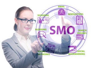 Social media optimisation concept with businesswoman