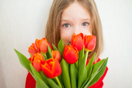 Beautiful girl in a bright red turtleneck holding a bouquet of red tulips. High quality photo