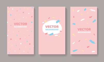 Set of pink abstract backgrounds with hand drawn colorful dots and brush strokes. Design templates for social media stories in vector