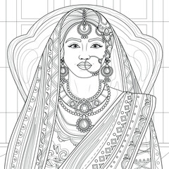 Indian girl in saree.Coloring book antistress for children and adults. Illustration isolated on white background.Zen-tangle style. Hand draw