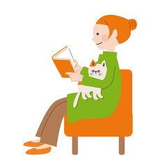 ソファーに腰掛けでネコと一緒に本を読む人
