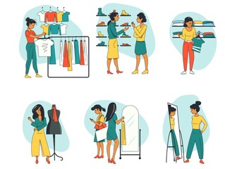 Women shop in a clothing store, choose, try on in front of a mirror and talk to a consultant. Shopping, buying new clothes and shoes.