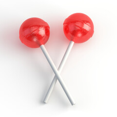 Two Round candy on white stick isolated on white. Pair of sweet red lollipops - 3d rendering