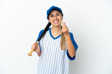 Young caucasian woman playing baseball isolated on white background making money gesture