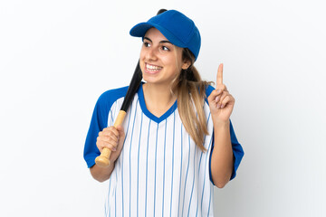 Young caucasian woman isolated on white background playing baseball and intending to realizes the solution while lifting a finger up