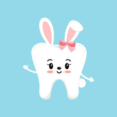 Easter tooth with bunny ears dental icon isolated on background. Dentist white cute teeth easter character with rabbit ears and tail. Flat cartoon vector girl kids dentistry clip art illustration