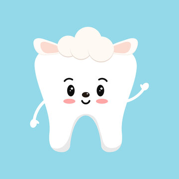 recommend clip art: Easter cute tooth in sheep costume dental icon isolated on background. Dentist white teeth easter character with sheep's ears and wool on head. Flat cartoon vector kids dentistry clip art illustration