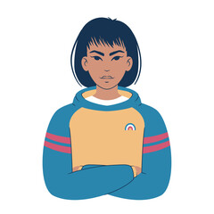 Portrait of a young woman in a colourful hoodie. Cartoon teenager avatar. Flat style illustration. 