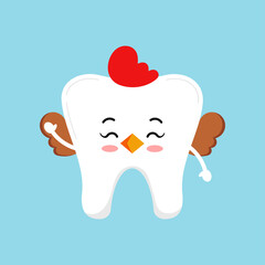Easter cute tooth in hen costume dental icon isolated on background. Dentist white teeth easter character with hen bird wings and beak. Flat cartoon vector kids dentistry clip art illustration