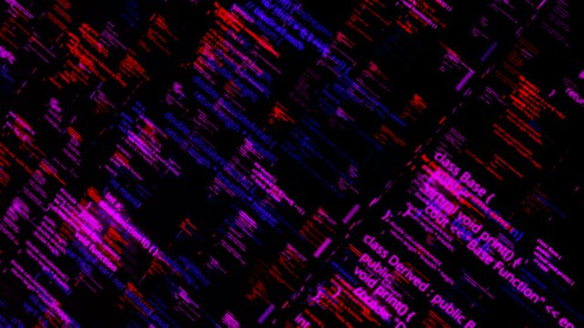 Abstract programming code on digital screen. Animation. Code language in a form of written lines written on black background, seamless loop.