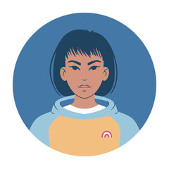 Portrait of a young woman in a colourful hoodie. Cartoon teenager avatar. Flat style illustration. 