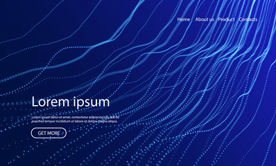 Abstract landing page background with blue particles. Flow wave with dot landscape. Digital data structure. Future mesh or sound grid. Pattern point visualization. Technology vector illustration.