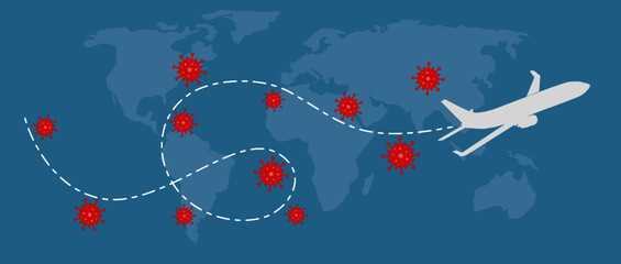 Fototapeta premium Warning of the spread of the coronavirus to the world by airplane and travel.