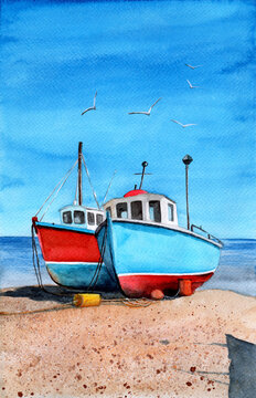 Watercolor picture of two colorful fishing boats on a sandy seashore with blue sea and sky in the background 
