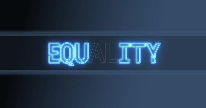 Text changing from EQUALITY to EQUITY on a black background stylized as a blinking neon blue text. 
