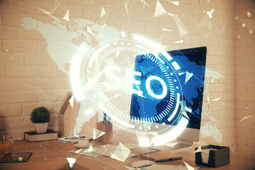 Double exposure of SEO drawing and office interior background. Concept of Search optimization...