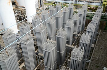Liquid oxygen or liquid nitrogen plant and heat exchange coils from chemical plan at petrochemical plant, oil and gas, refinery or power plant for industrial plant. - obrazy, fototapety, plakaty