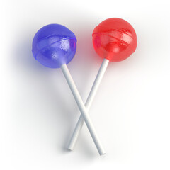 Pair of sweet lollipops - round candy on white stick isolated on white. 3d rendering