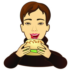 cool happy man sticking out his tongue with pleasure and holds a hamburger, color vector detailed illustration, clip-art on white isolated background