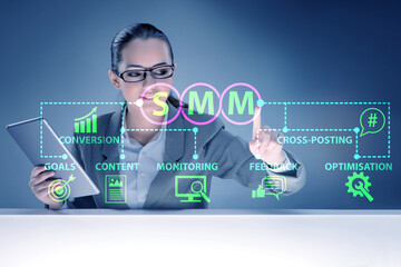 Businesswoman pressing button in SMM concept