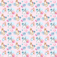 Fototapeta na wymiar Watercolor seamless Easter Patterns, seamless pattern with bunny and eggs