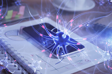 Double exposure of neuron drawing and cell phone background. Concept of medical education