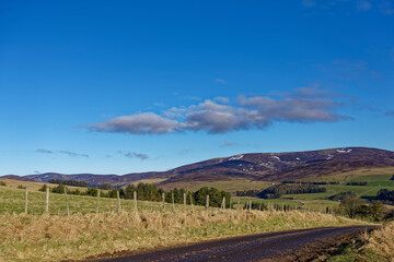 Fototapeta na wymiar A small Minor Scottish road cuts through the Fields and Countryside of Glen Lethnot in the Angus Glens on a bright Winters morning in February.