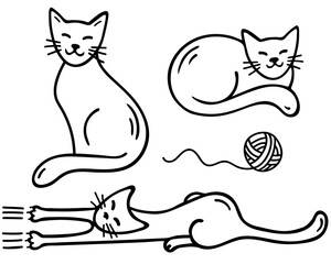 Collection of cute funny cats lying, sitting, stretching itself, playing. Set of adorable pet animals in a hand drawn doodle style. Black outlines isolated on a white background. Vector illustration.