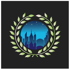 building and landscape logo colorful circle vector illustration decoration night