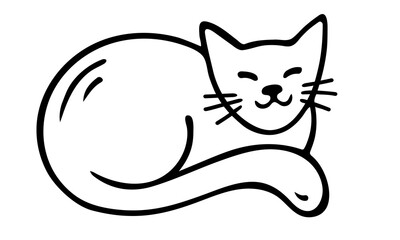 Cute cartoon lying cat. Hand-drawn doodle style. Black outlines isolated on a white background. Vector stock illustration.