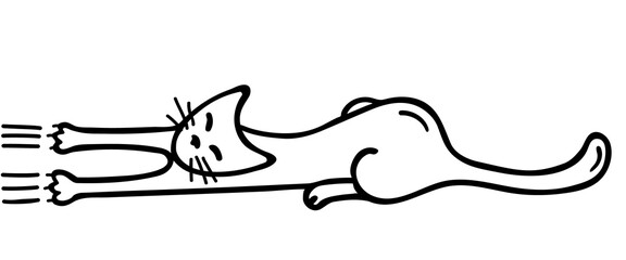 The doodle cat stretches and sharpens its claws. Playful funny kitten. Hand-drawn cartoon pet animal. Black outlines isolated on a white background. Vector stock illustration.